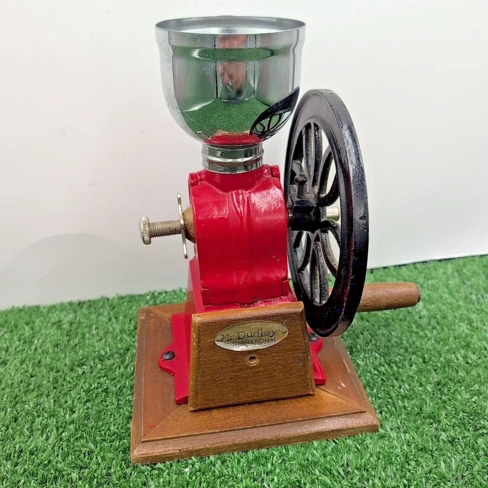 Vintage Mr. Dudley International Red Cast Iron Coffee Manual Wheel‎ Grinder Wood
